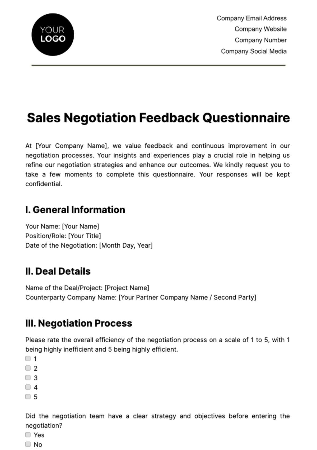Free Sales Negotiation Feedback Questionnaire Template