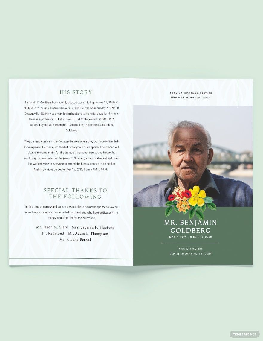 Printable Eulogy Funeral Bi-Fold Brochure Template in Word, Google Docs, PSD, Apple Pages, Publisher