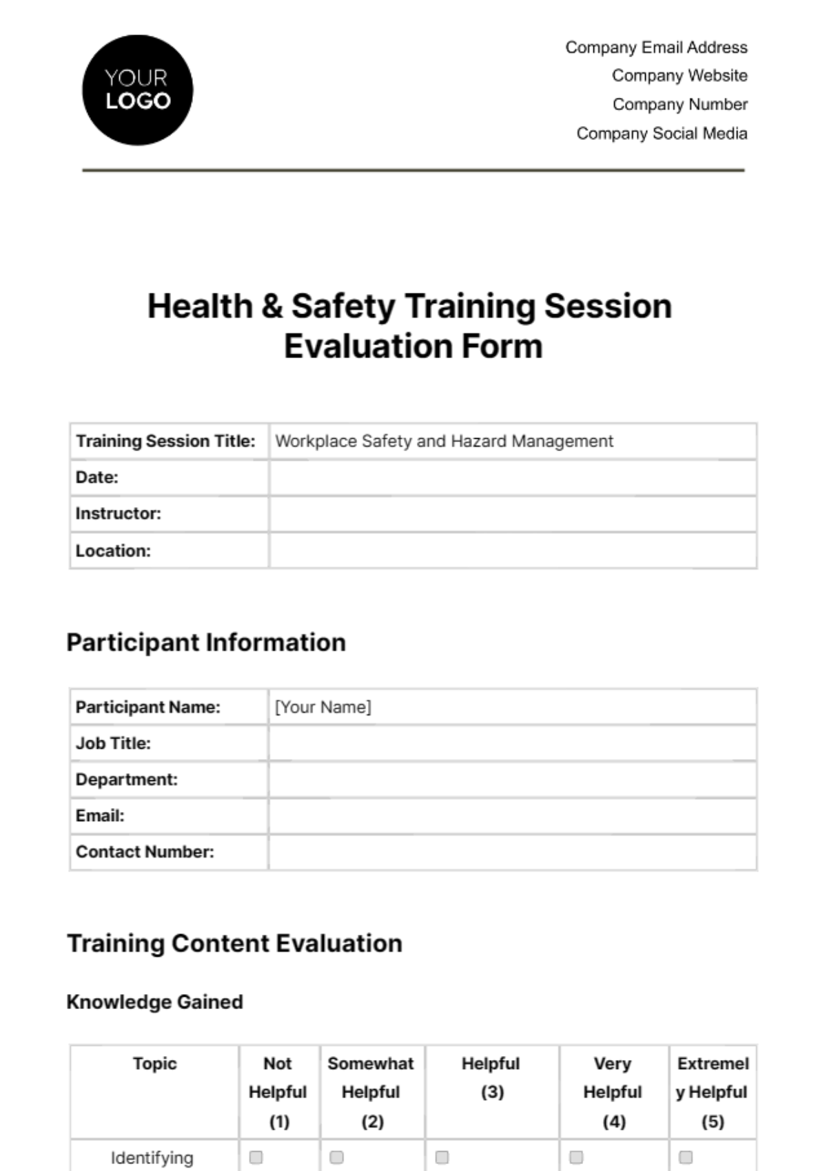 Health & Safety Training Session Evaluation Form Template - Edit Online & Download