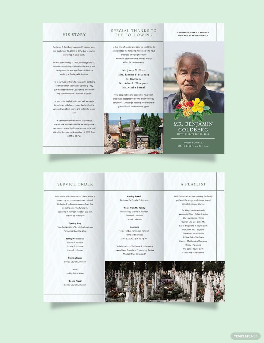 Printable Eulogy Funeral Tri-Fold Brochure Template