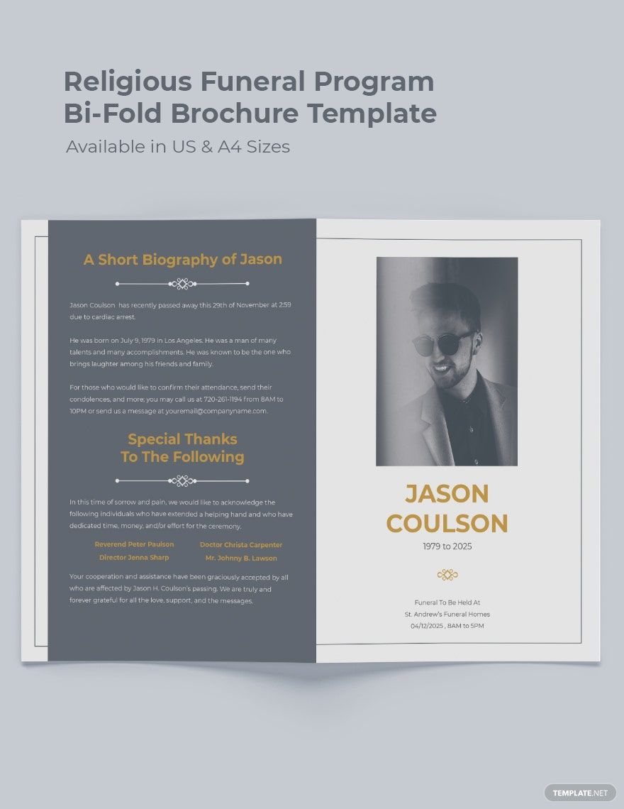 Religious Funeral Program Bi-Fold Brochure Template in Word, Google Docs, Illustrator, PSD, Apple Pages, Publisher