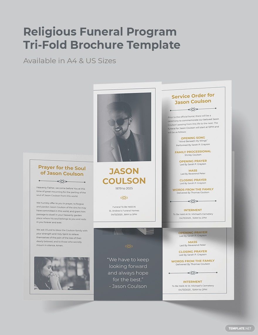 Free Religious Funeral Program Tri-Fold Brochure Template in Word, Google Docs, Illustrator, PSD, Apple Pages, Publisher