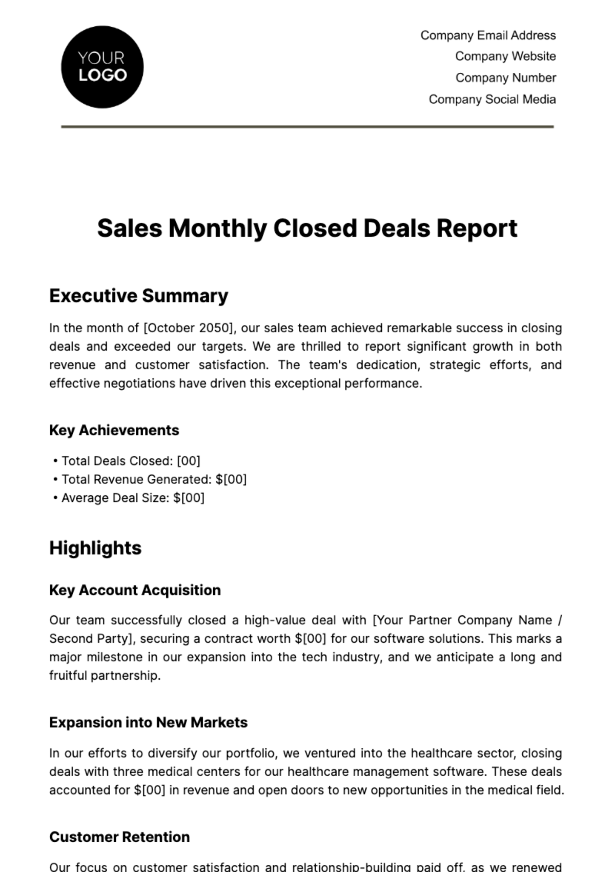 Free Sales Monthly Closed Deals Report Template