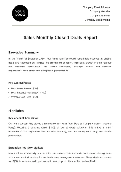 Free Sales Monthly Closed Deals Report Template to Edit Online