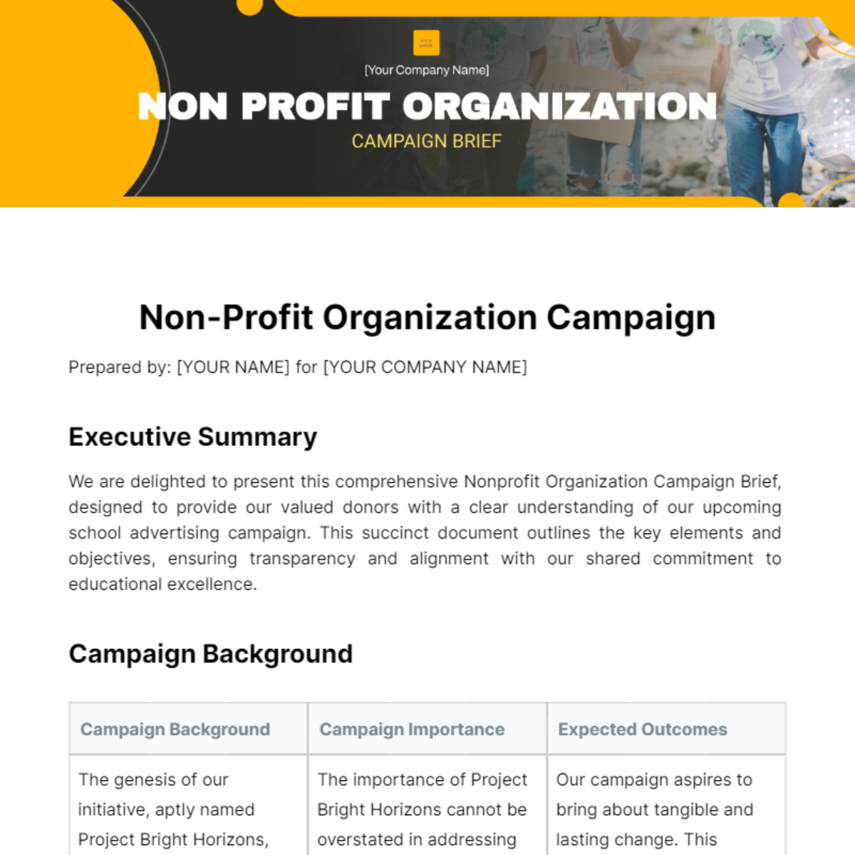 Nonprofit Organization Campaign Brief Template - Edit Online & Download