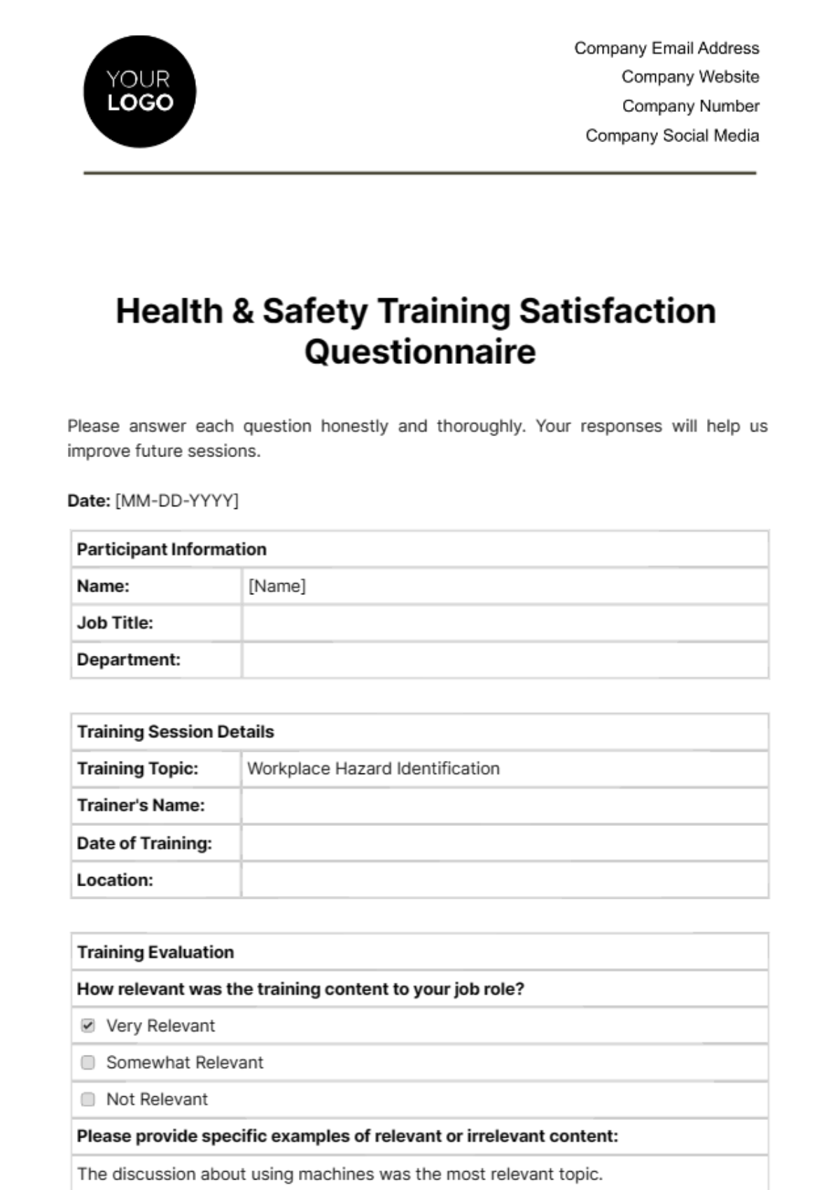 Health & Safety Training Satisfaction Questionnaire Template - Edit Online & Download