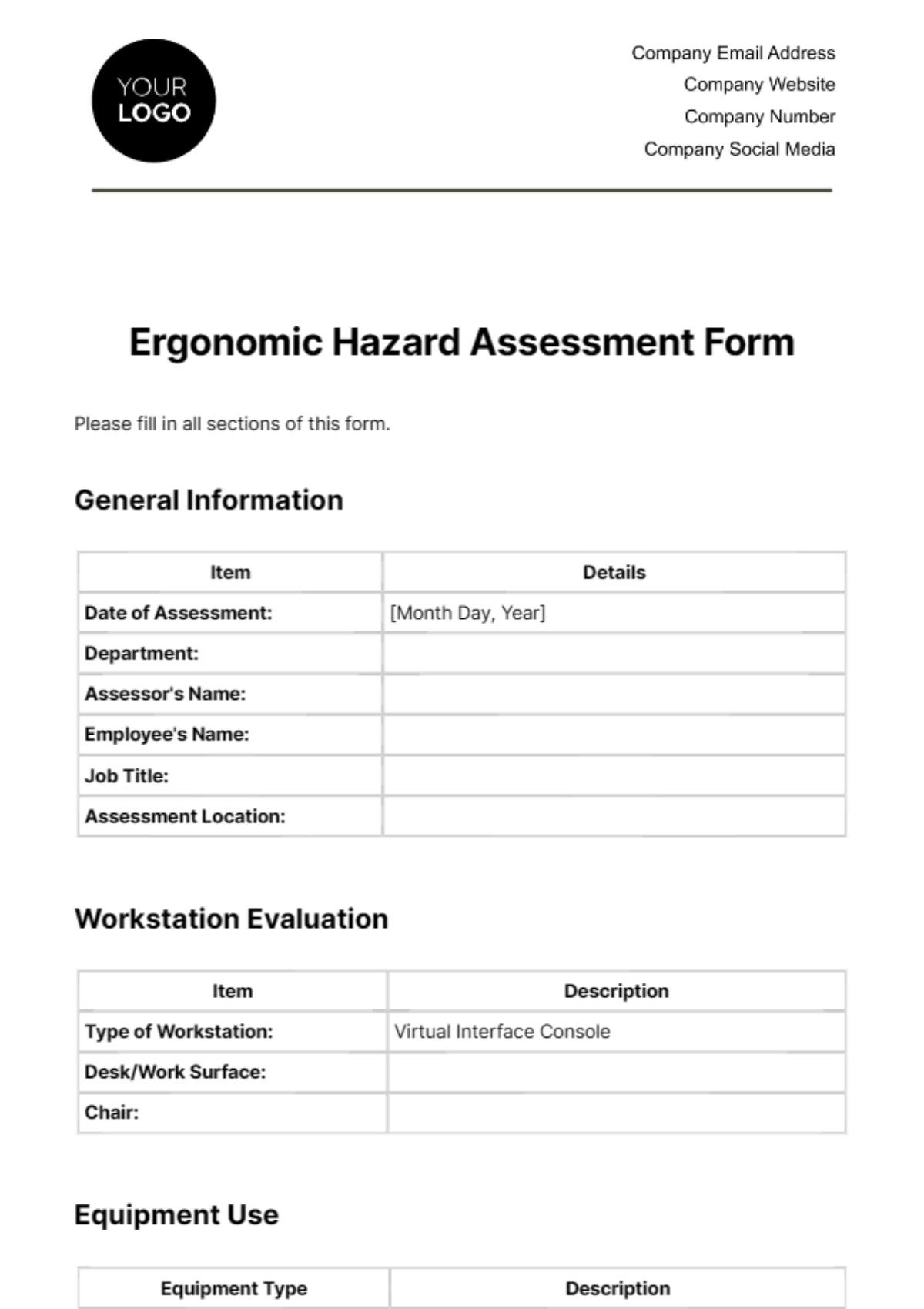 Ergonomic Hazard Assessment Form Template