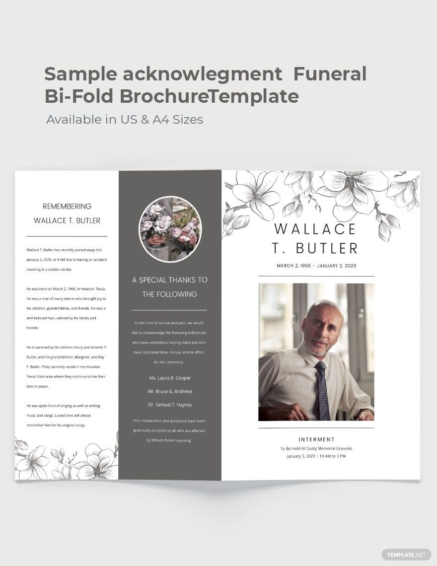 Sample Acknowledgement Funeral Bi-Fold Brochure Template in Word, Google Docs, Illustrator, PSD, Apple Pages, Publisher