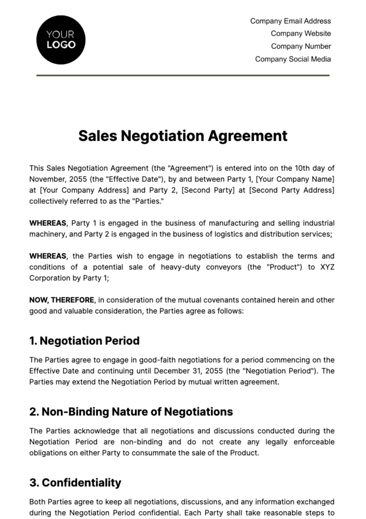 Free Sales Negotiation Agreement Template