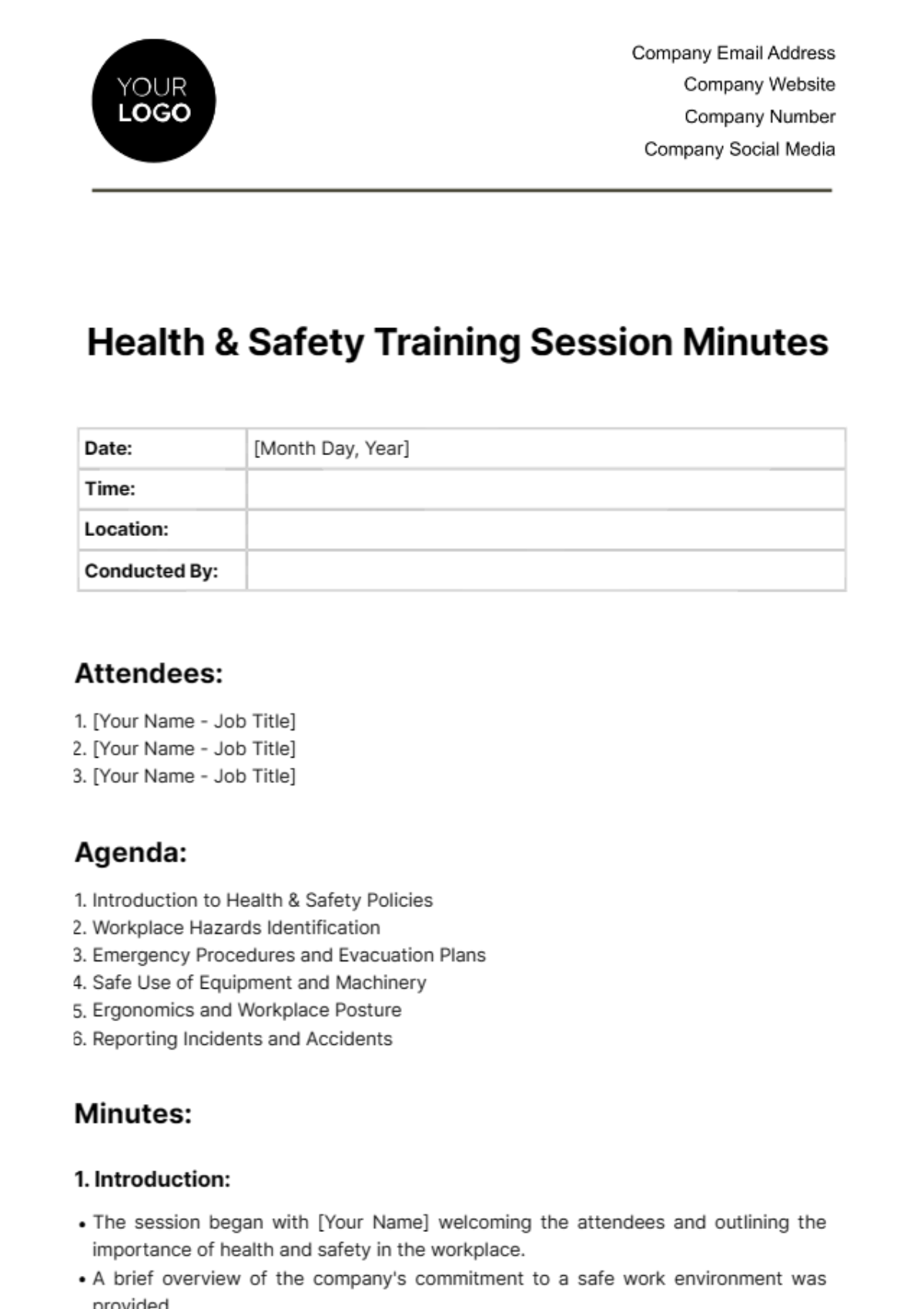 Health & Safety Training Session Minutes Template - Edit Online & Download