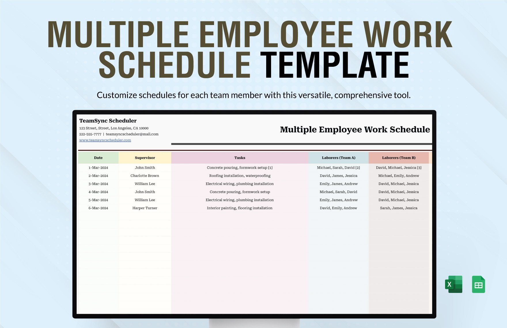 Multiple Employee Work Schedule Template in Excel, Google Sheets
