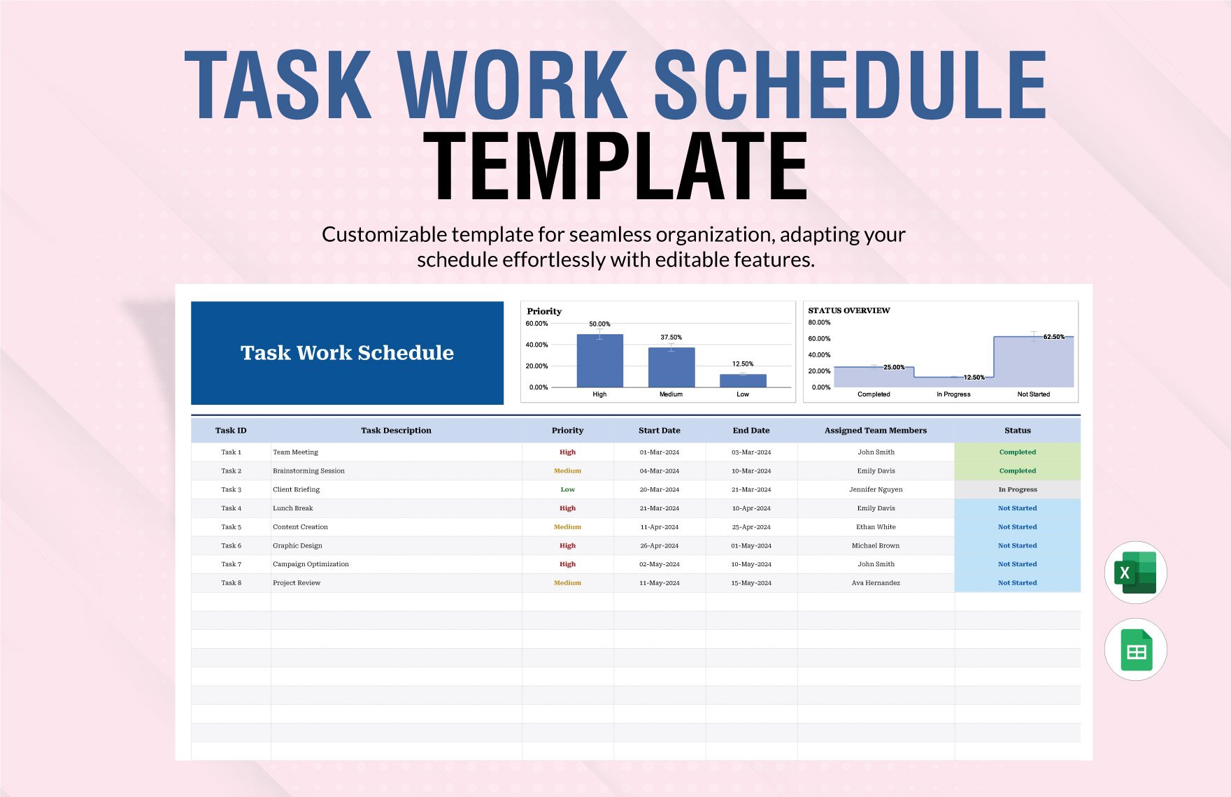 Task Work Schedule Template in Excel, Google Sheets