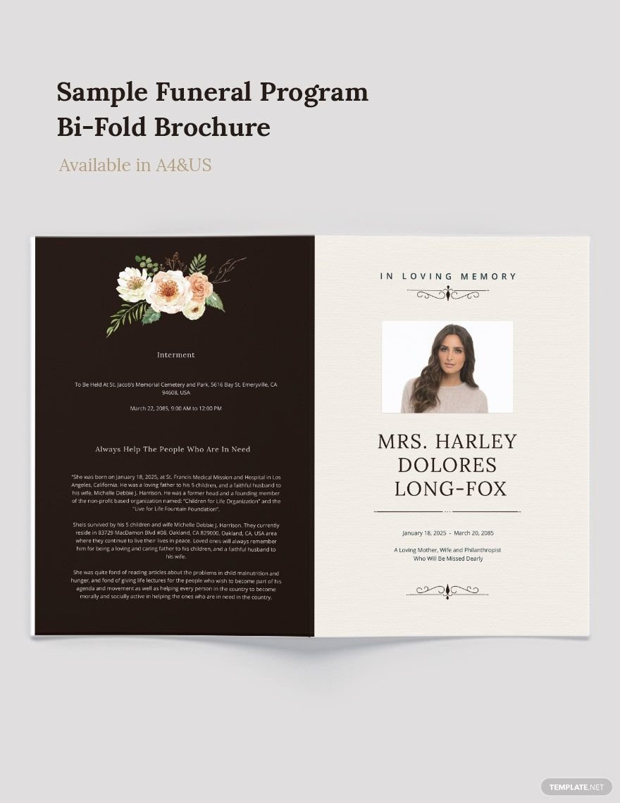 Sample Funeral Program Bi-Fold Brochure Template in Word, Google Docs, Illustrator, PSD, Apple Pages, Publisher