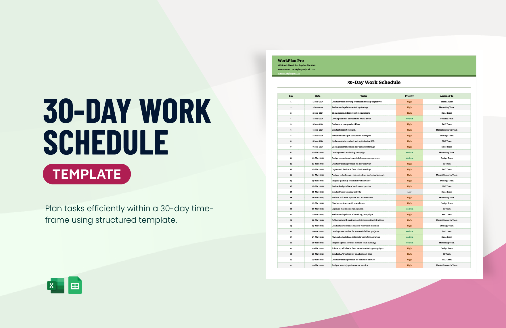 30-Day Work Schedule Template in Excel, Google Sheets