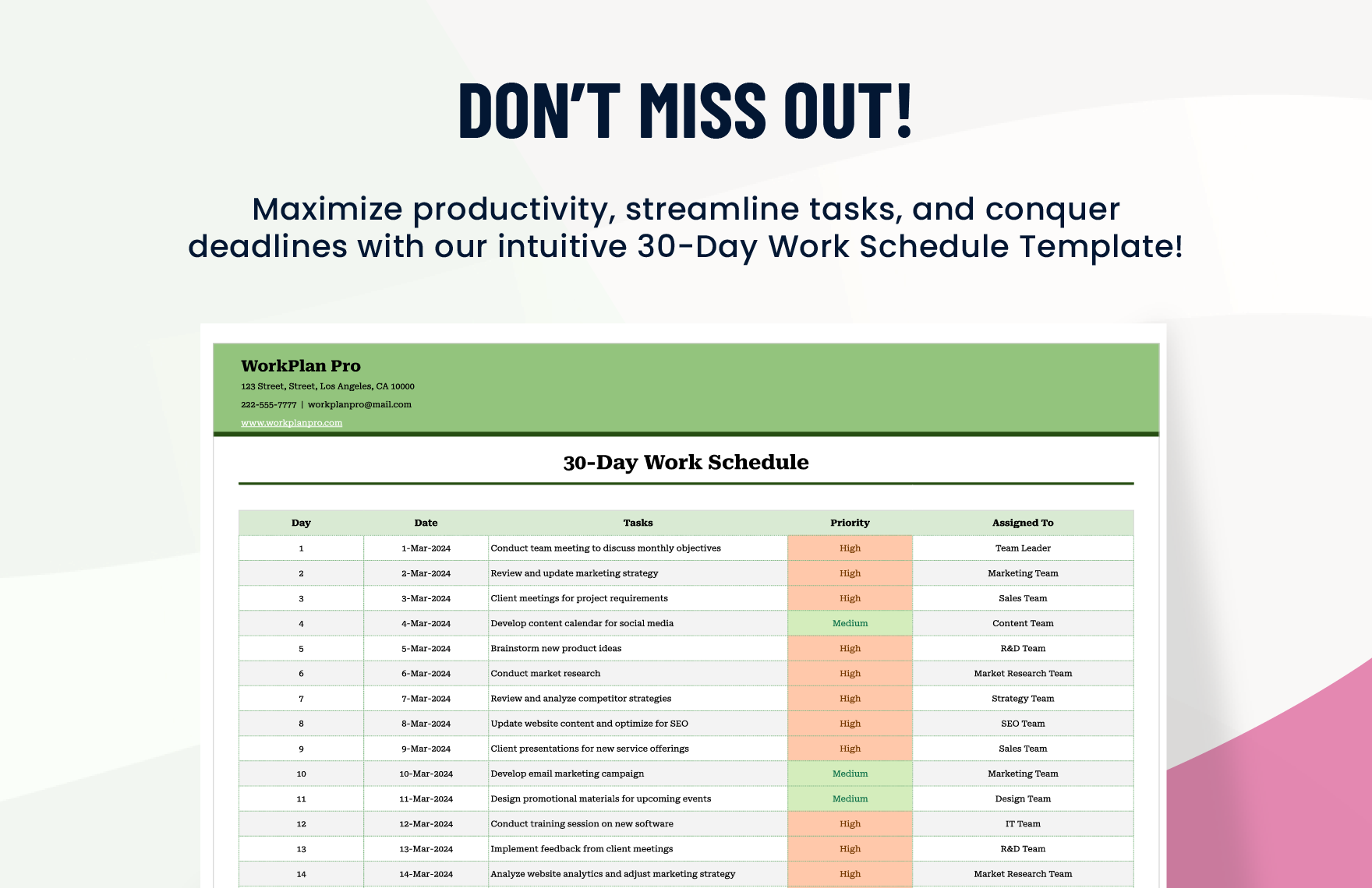 30-Day Work Schedule Template