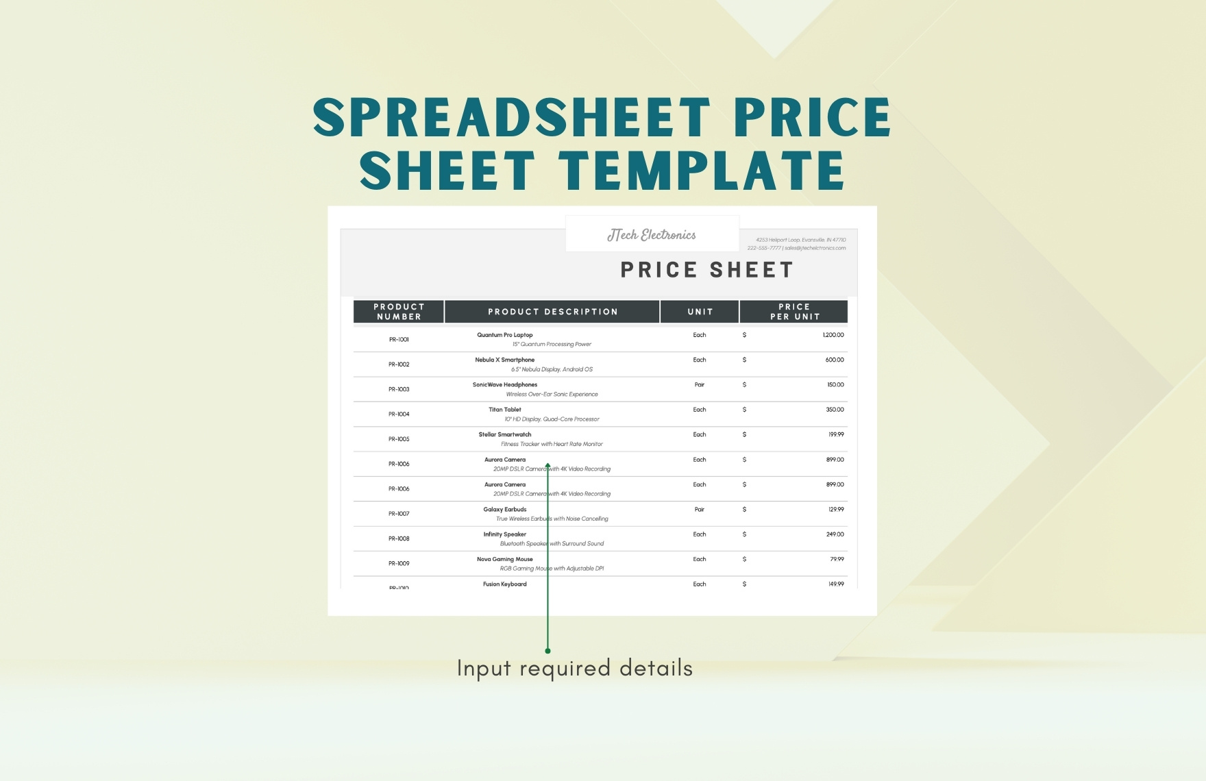 Spreadsheet Price Sheet Template
