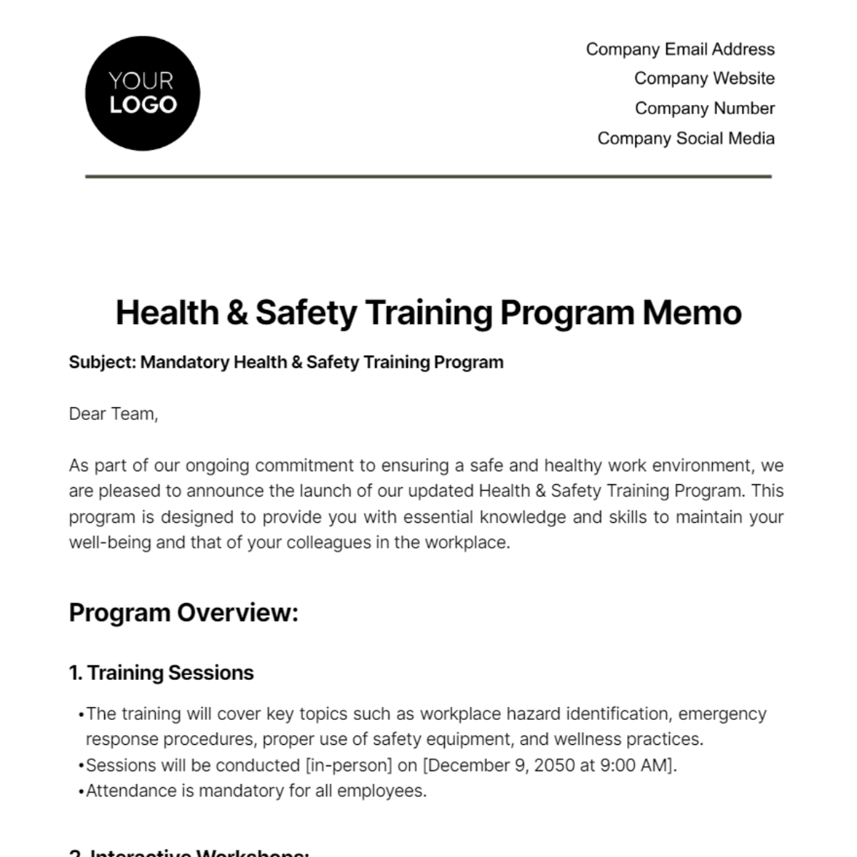 Health & Safety Training Program Memo Template - Edit Online & Download ...