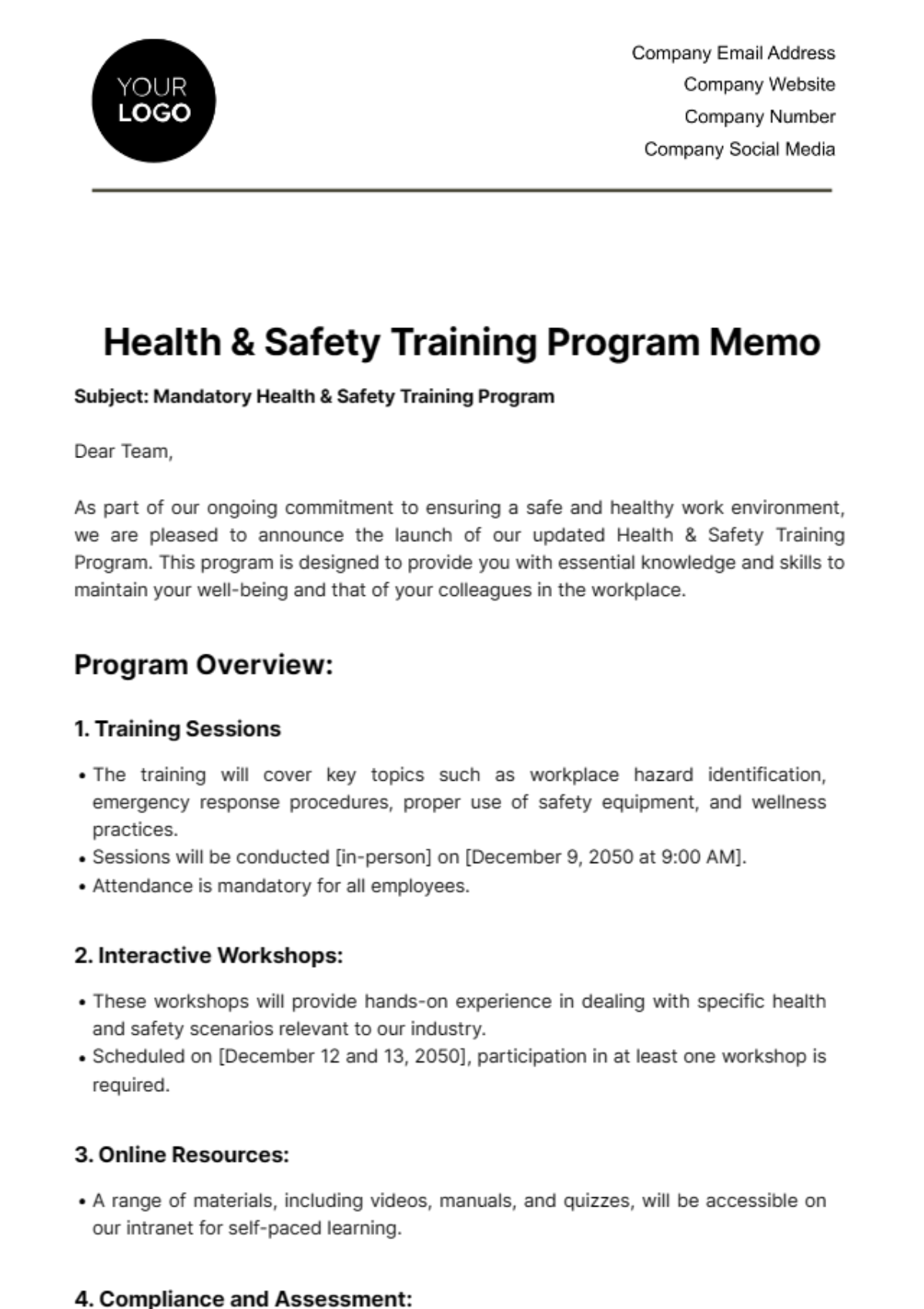 Health & Safety Training Program Memo Template - Edit Online & Download