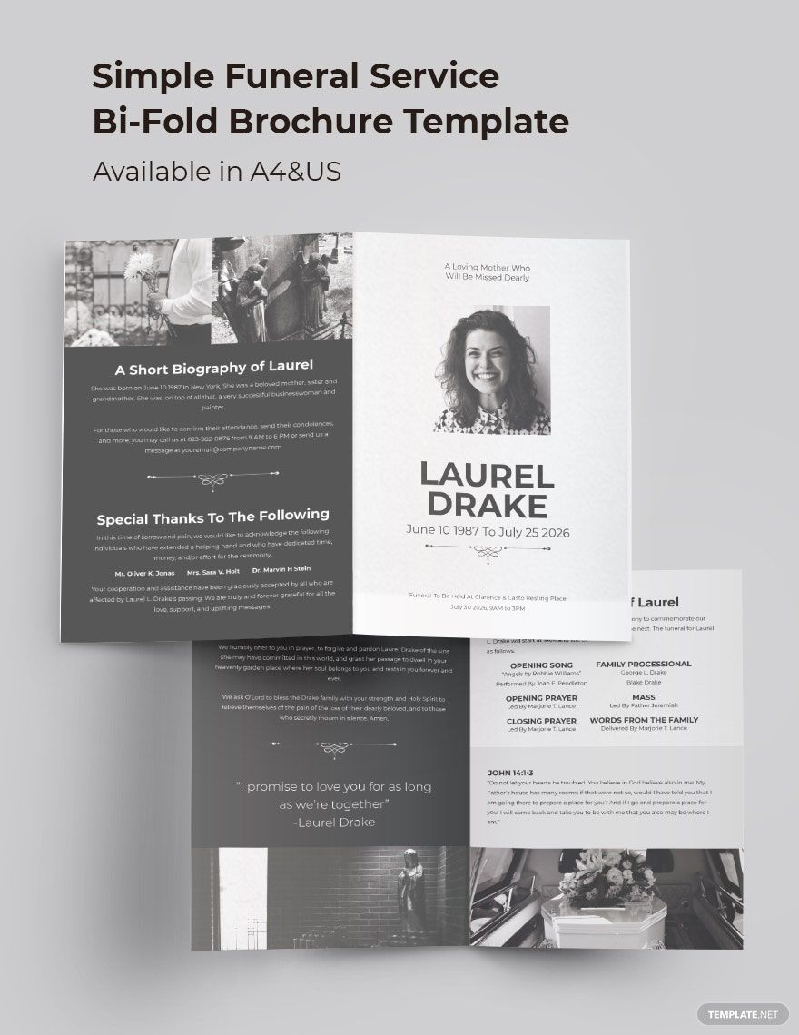 Simple Funeral Service Bi-Fold Brochure Template in Word, Google Docs, Illustrator, PSD, Apple Pages, Publisher