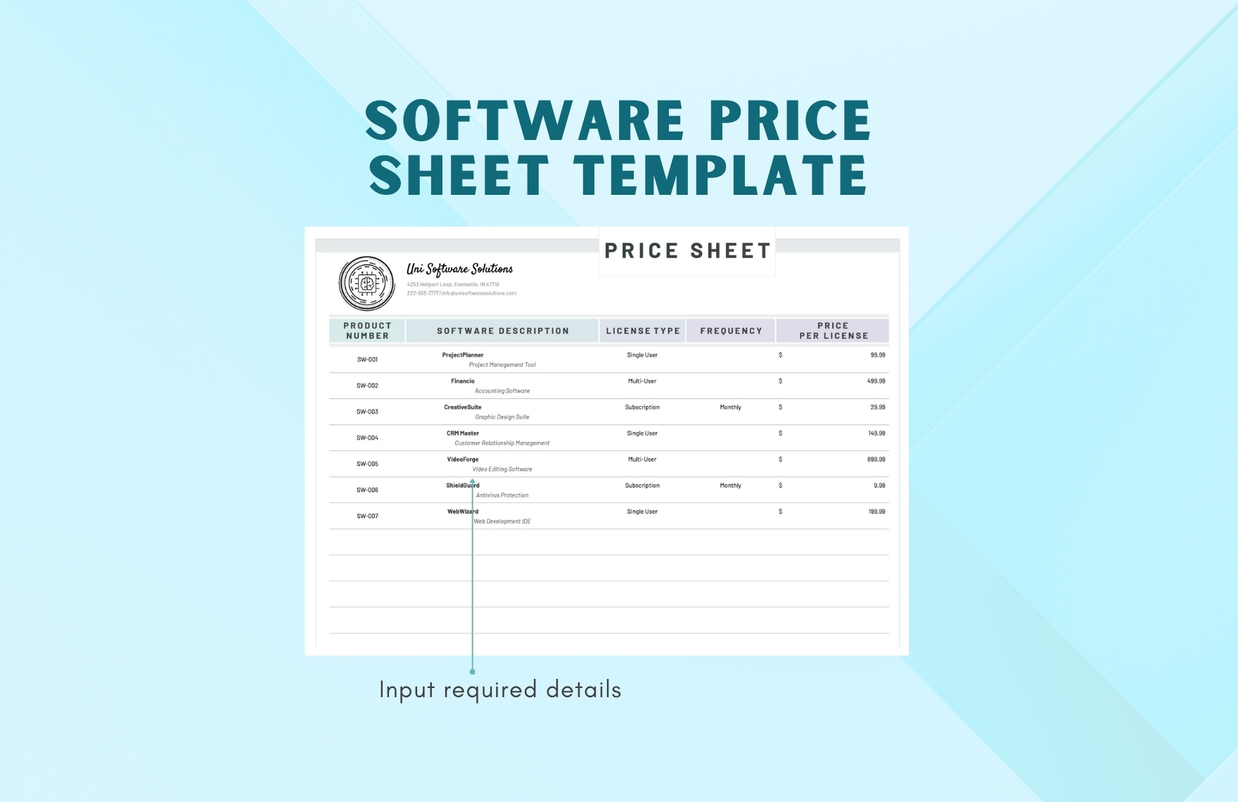 Software Price Sheet Template