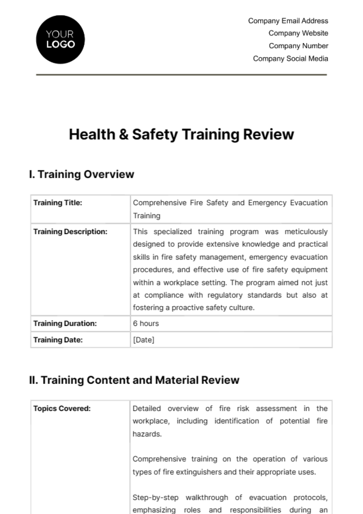 Health & Safety Training Review Template