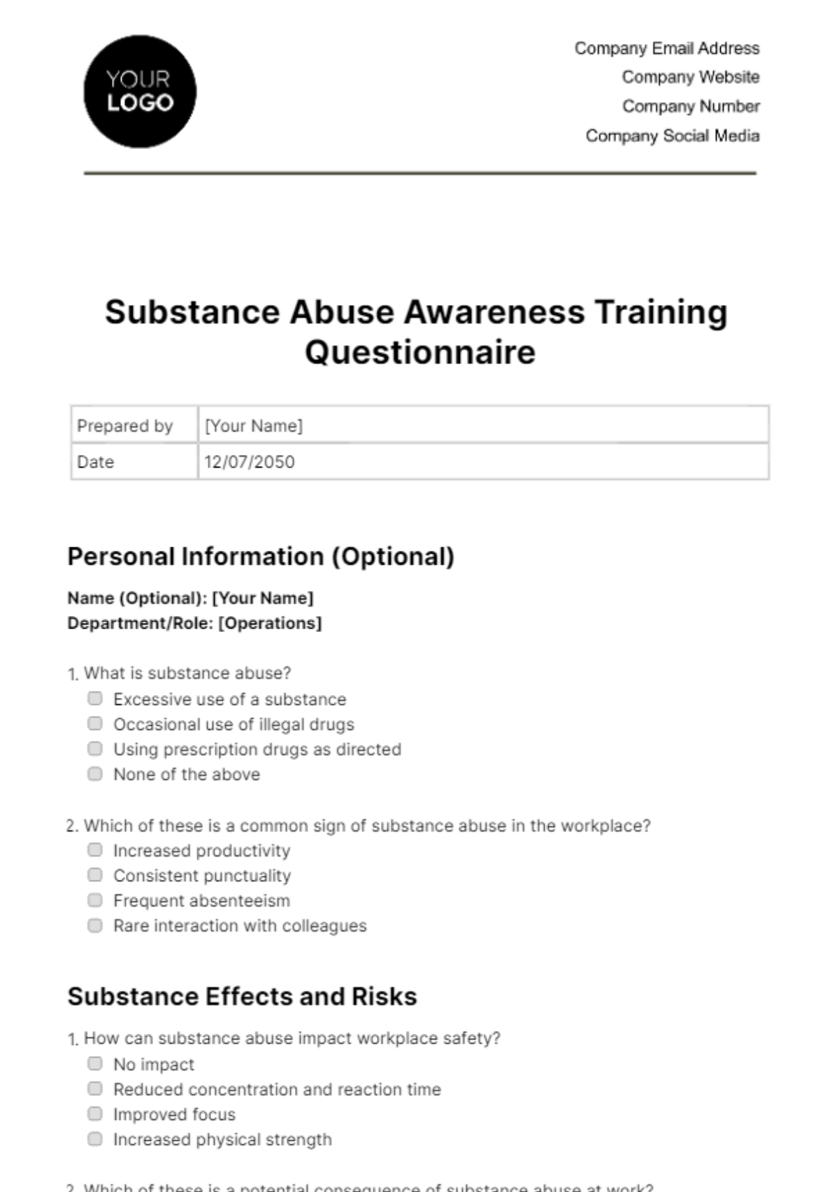 Substance Abuse Awareness Training Questionnaire Template - Edit Online & Download