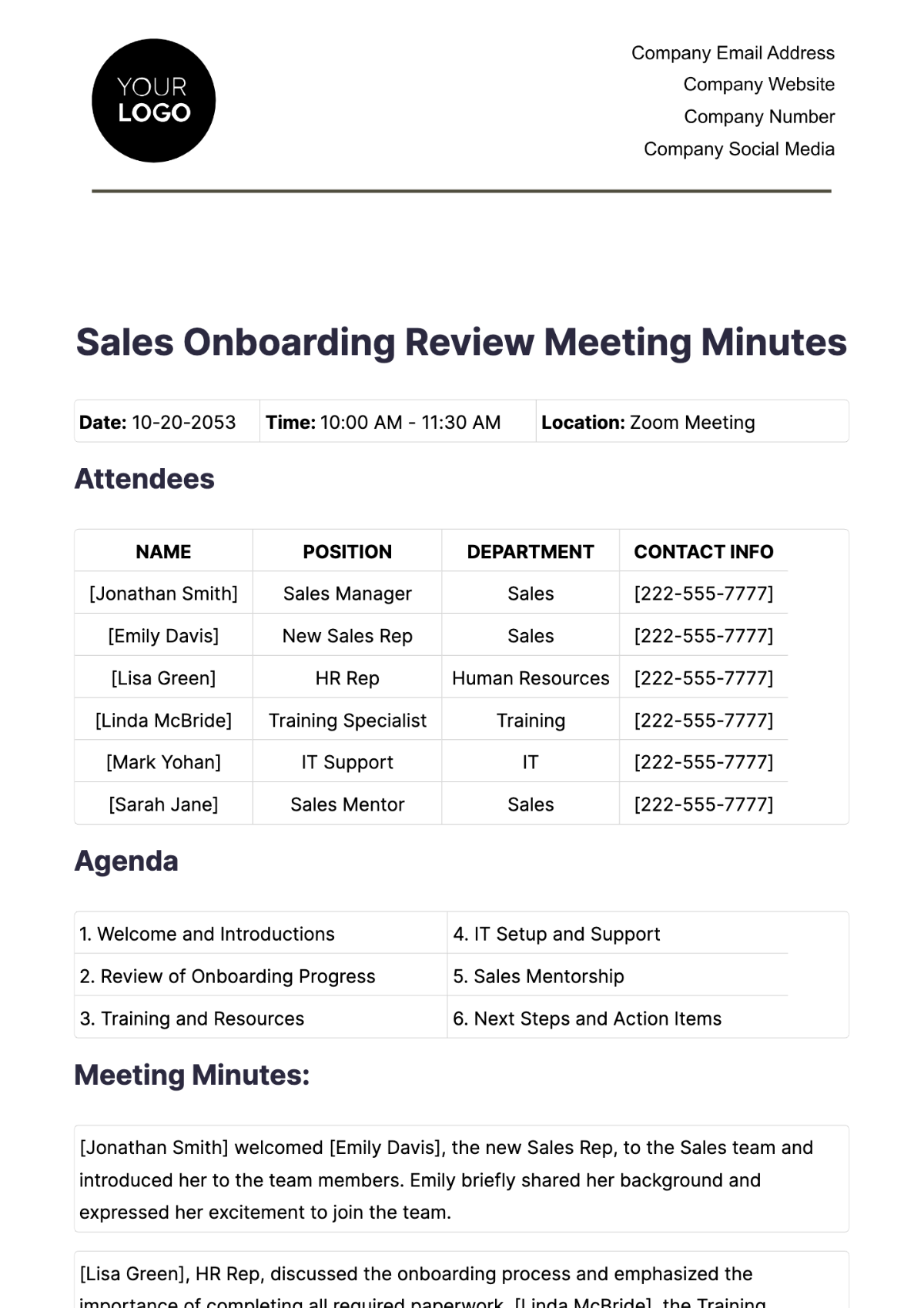 Sales Minute of Onboarding Review Meeting Template - Edit Online & Download