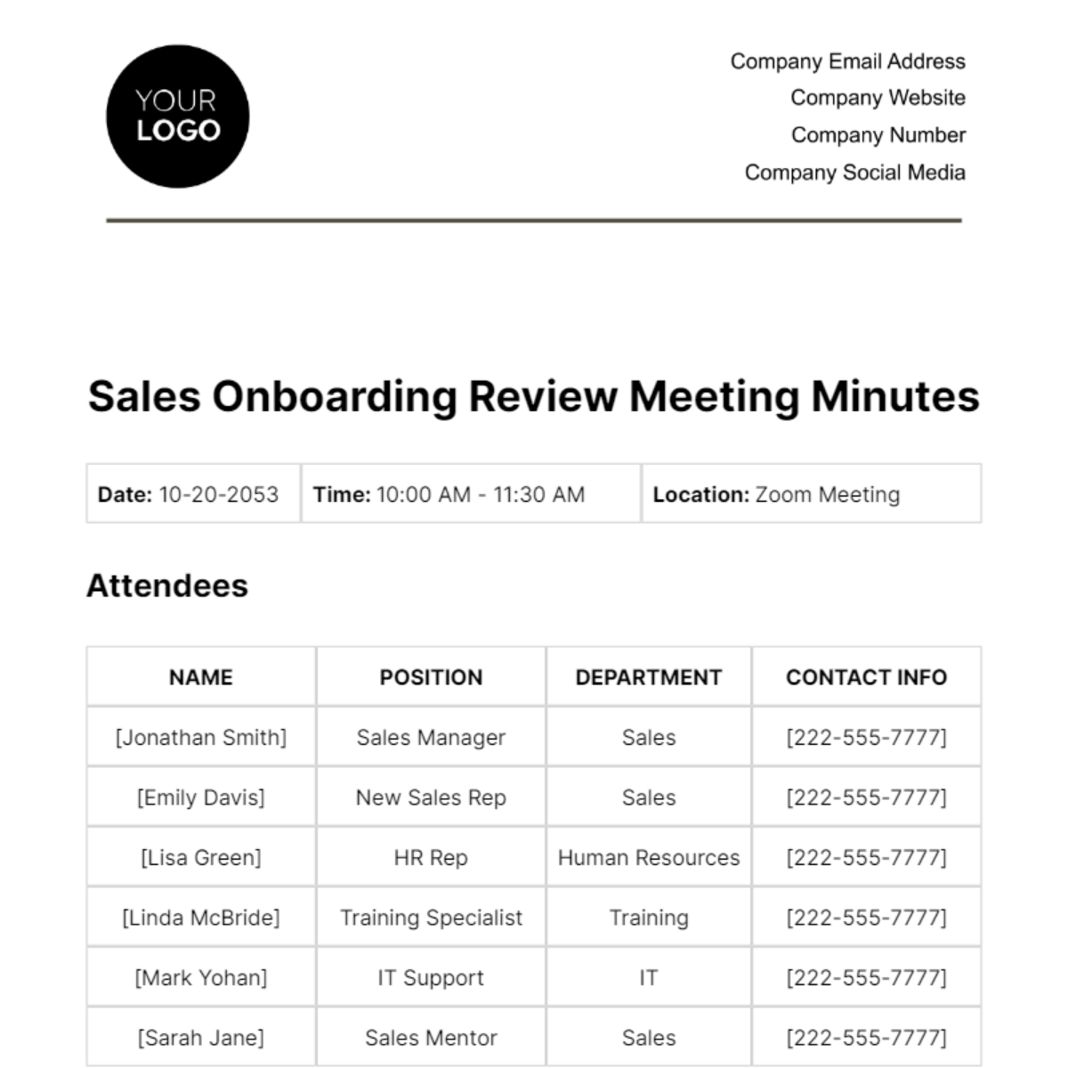 Sales Minute of Onboarding Review Meeting Template