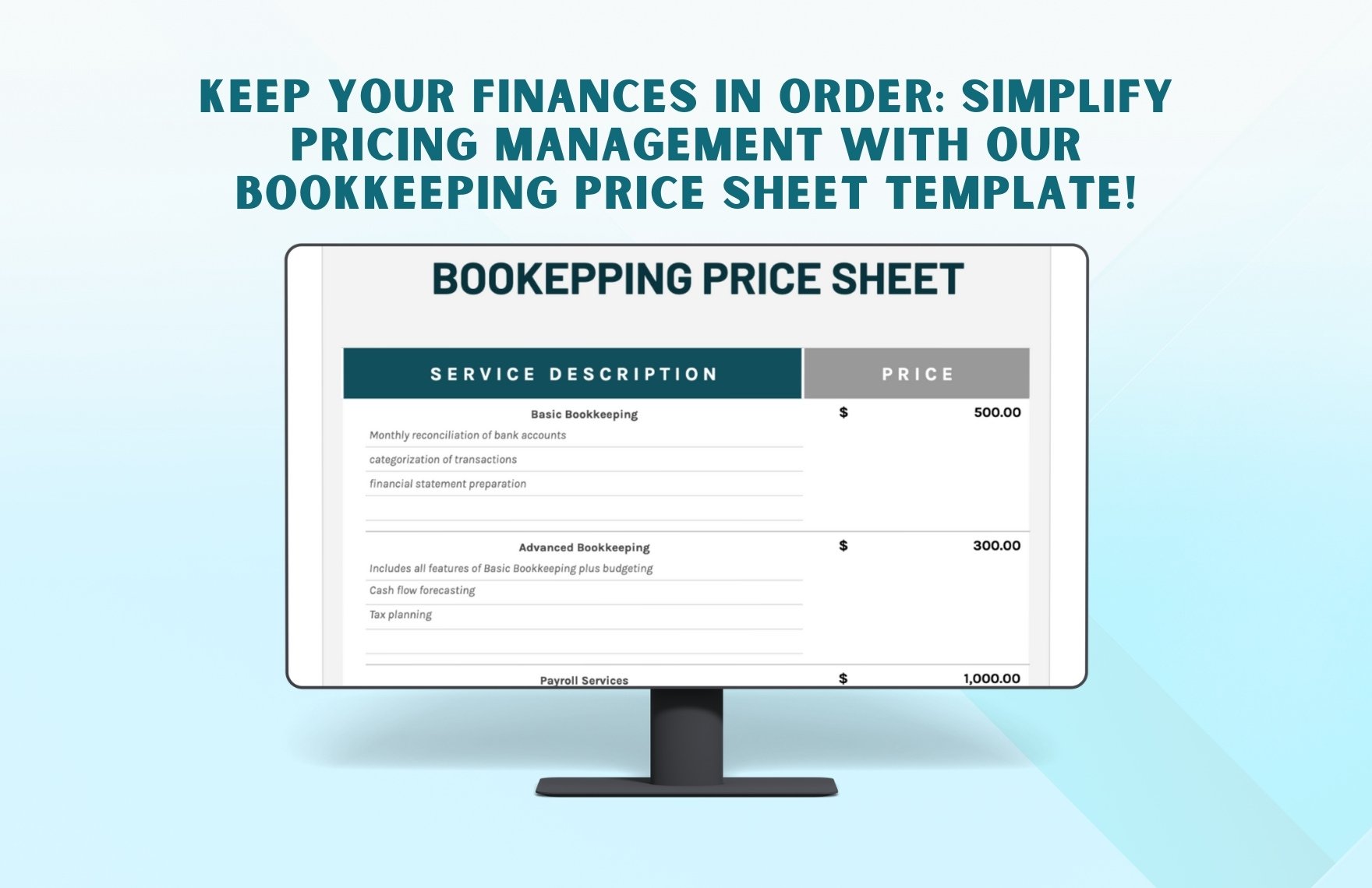 Bookkeeping Price Sheet Template