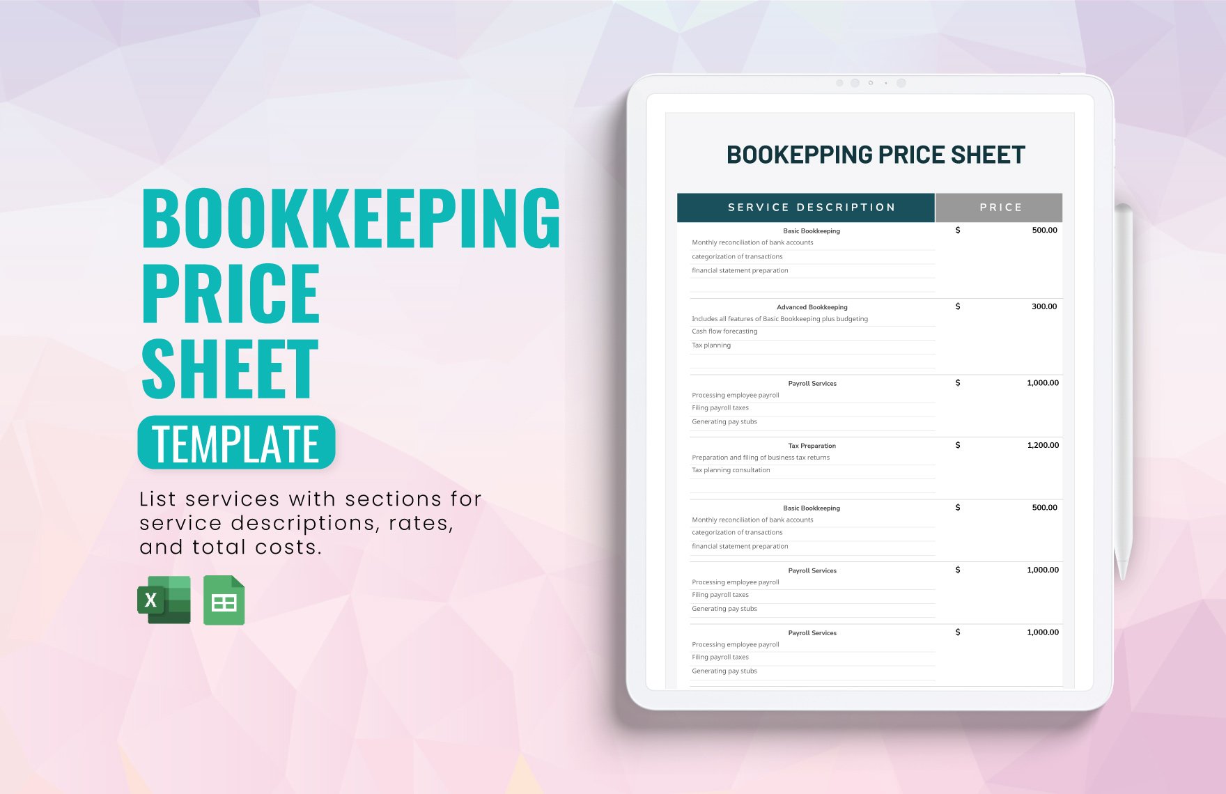 Bookkeeping Price Sheet Template in Excel, Google Sheets