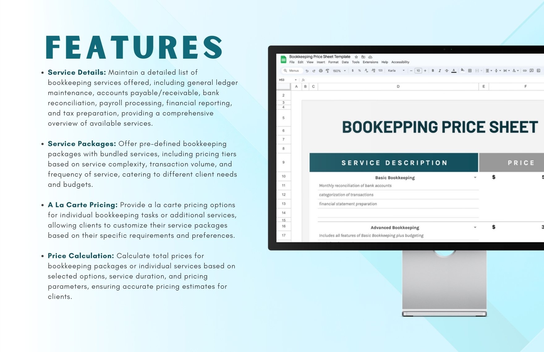 Bookkeeping Price Sheet Template