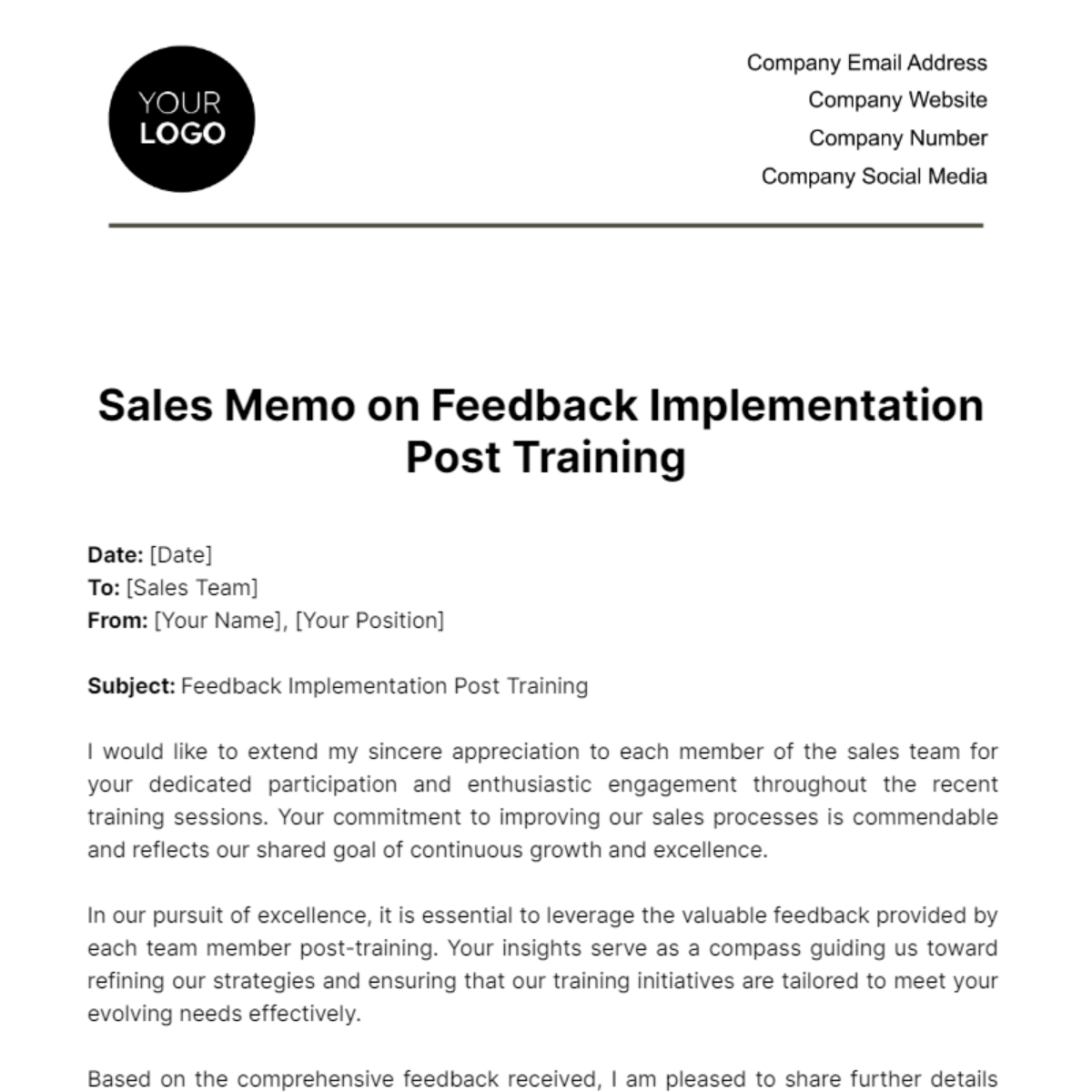 Free Sales Memo on Feedback Implementation Post Training Template