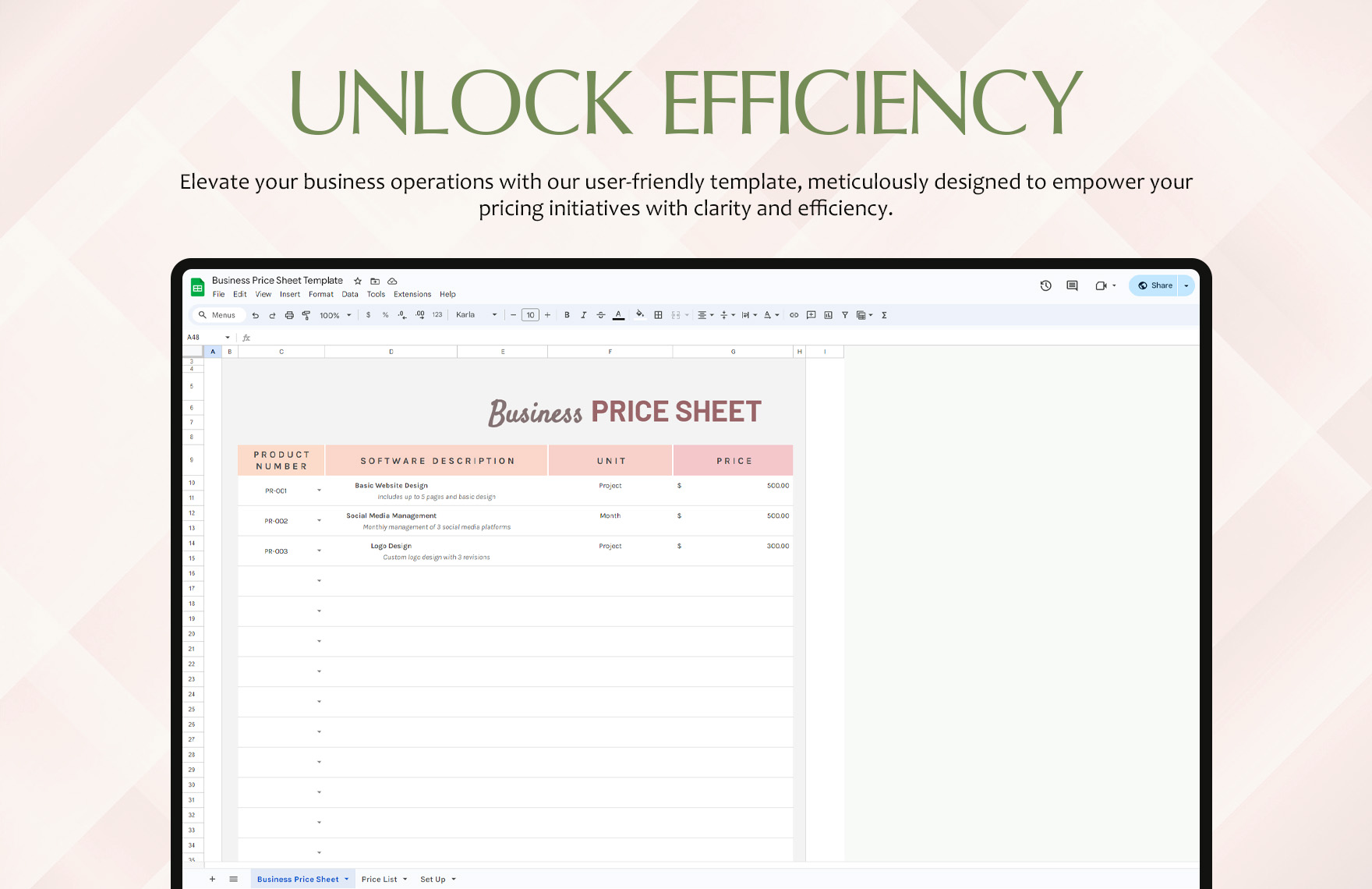 Business Price Sheet Template