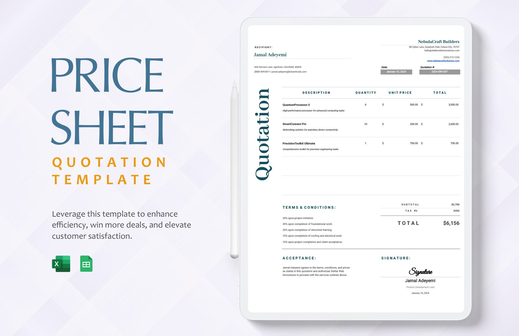 Price Sheet Quotation Template in Excel, Google Sheets
