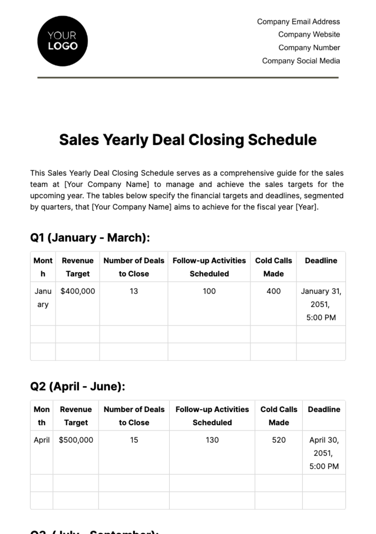 Free Sales Yearly Deal Closing Schedule Template