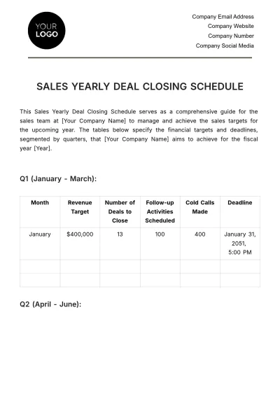 Free Sales Yearly Deal Closing Schedule Template to Edit Online