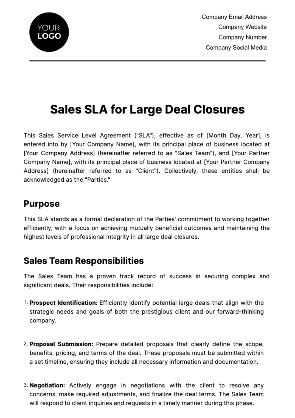 Free Sales SLA for Large Deal Closures Template