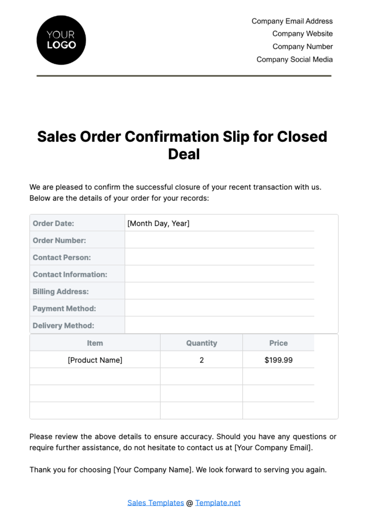 Free Sales Order Confirmation Slip for Closed Deal Template