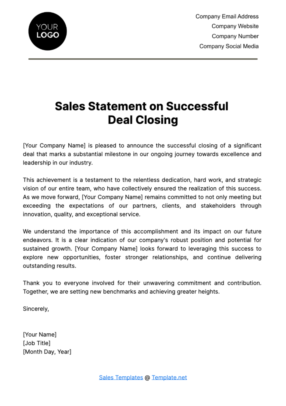 Free Sales Statement on Successful Deal Closing Template