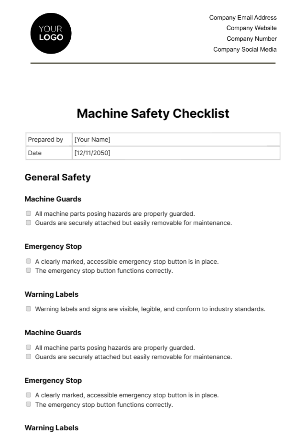 Machine Safety Checklist Template - Edit Online & Download