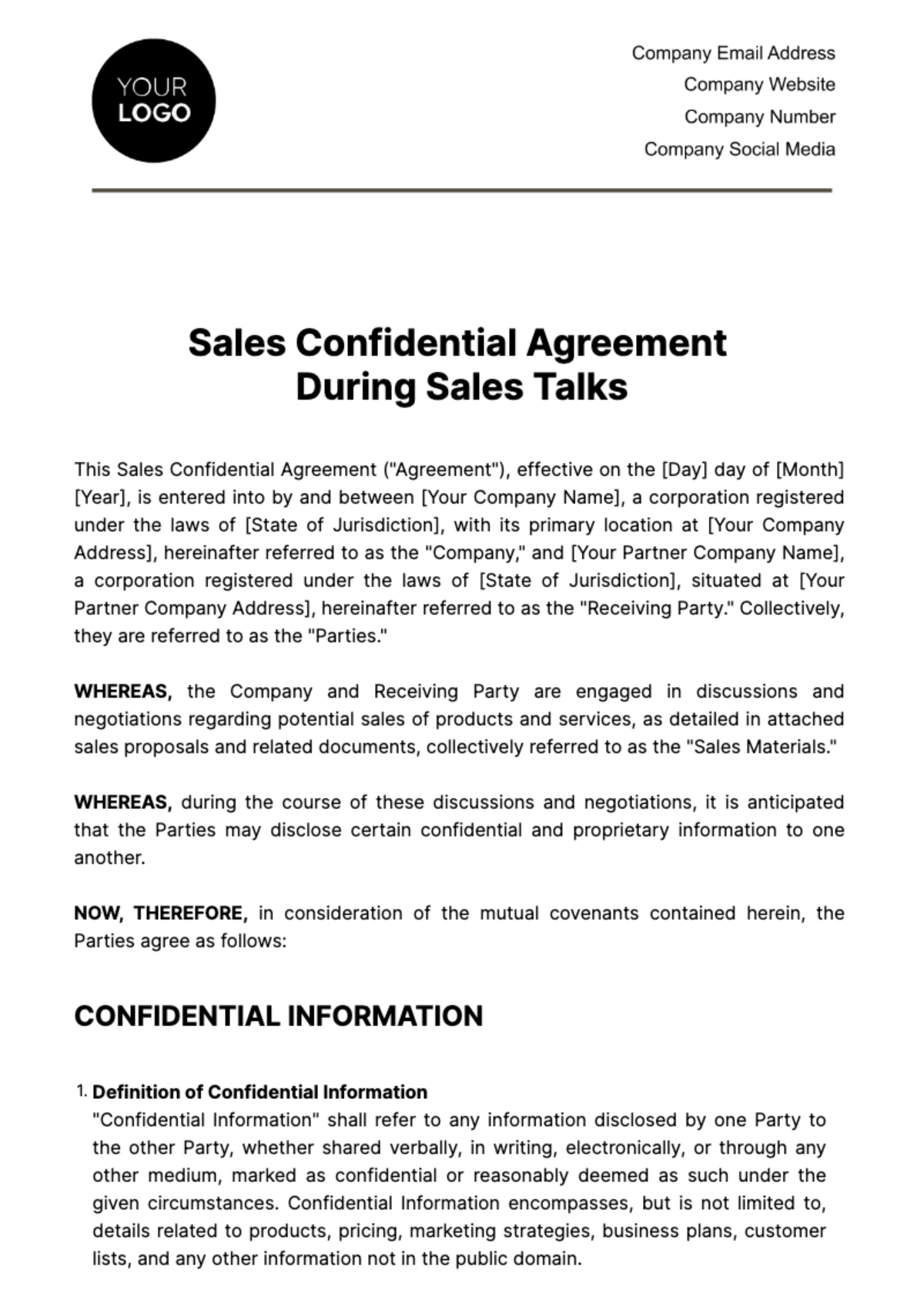 Free Sales Confidential Agreement during Sales Talks Template