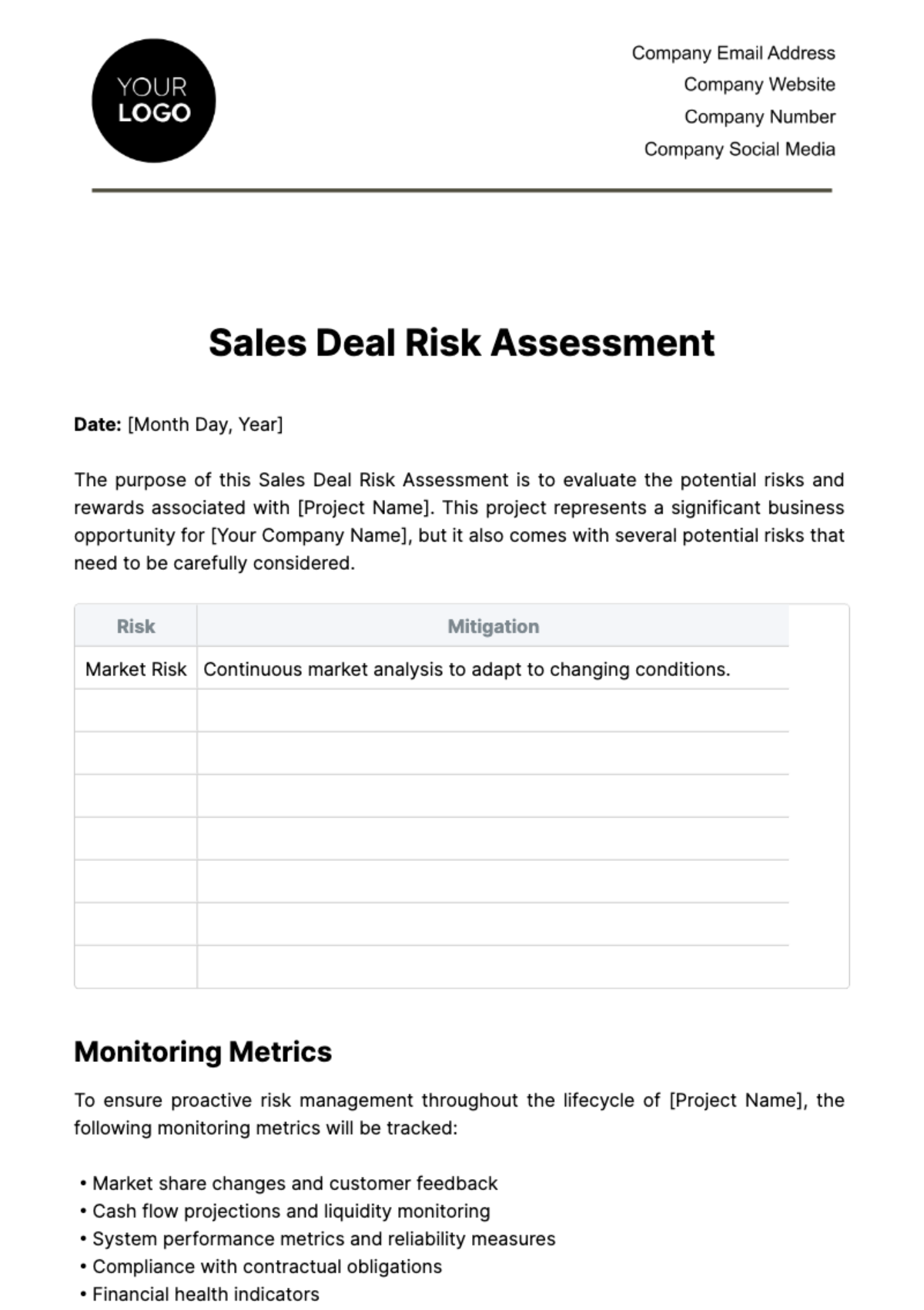 Sales Deal Risk Assessment Template