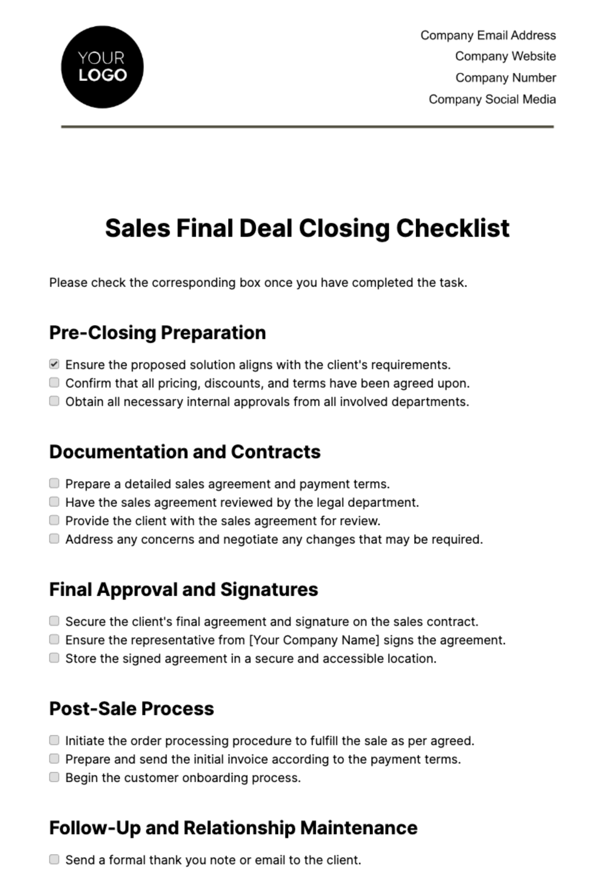 Free Sales Final Deal Closing Checklist Template