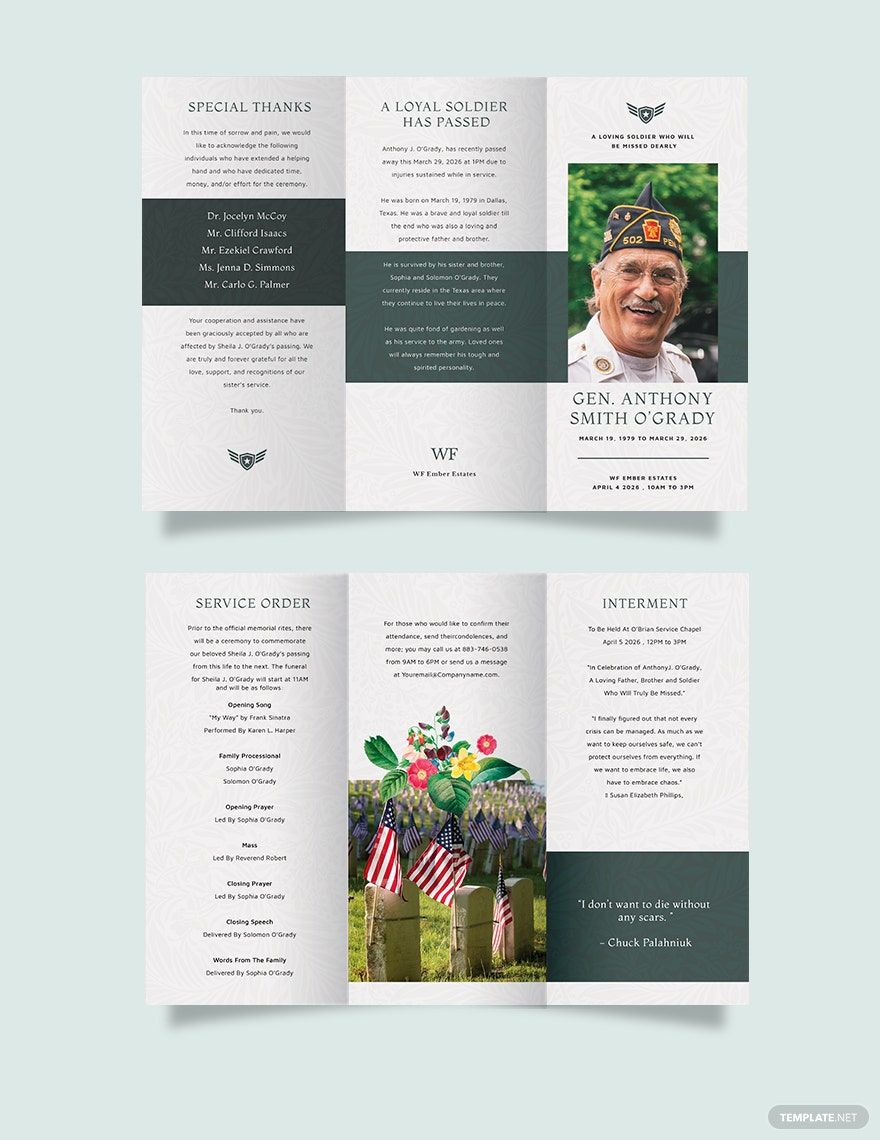 Free Veteran Funeral Memorial Tri-Fold Brochure Template