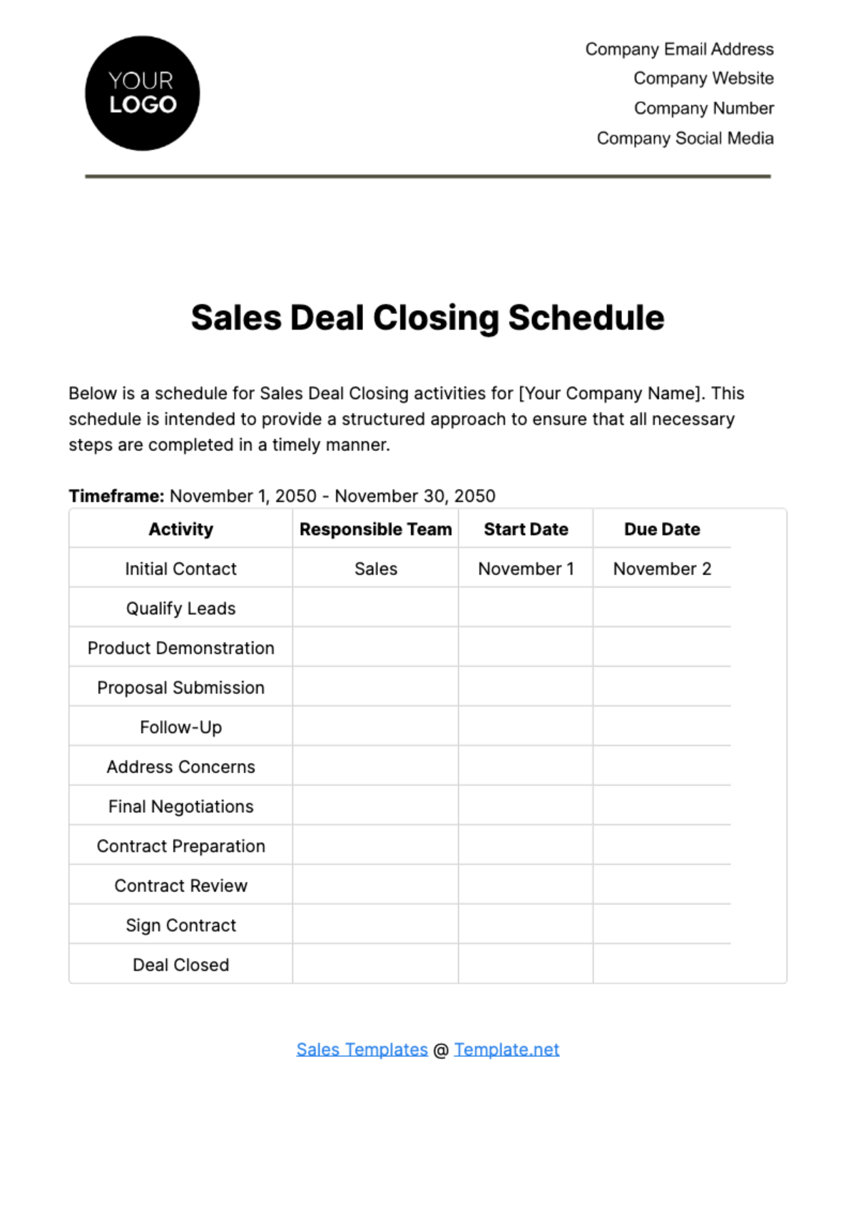 Free Sales Deal Closing Schedule Template