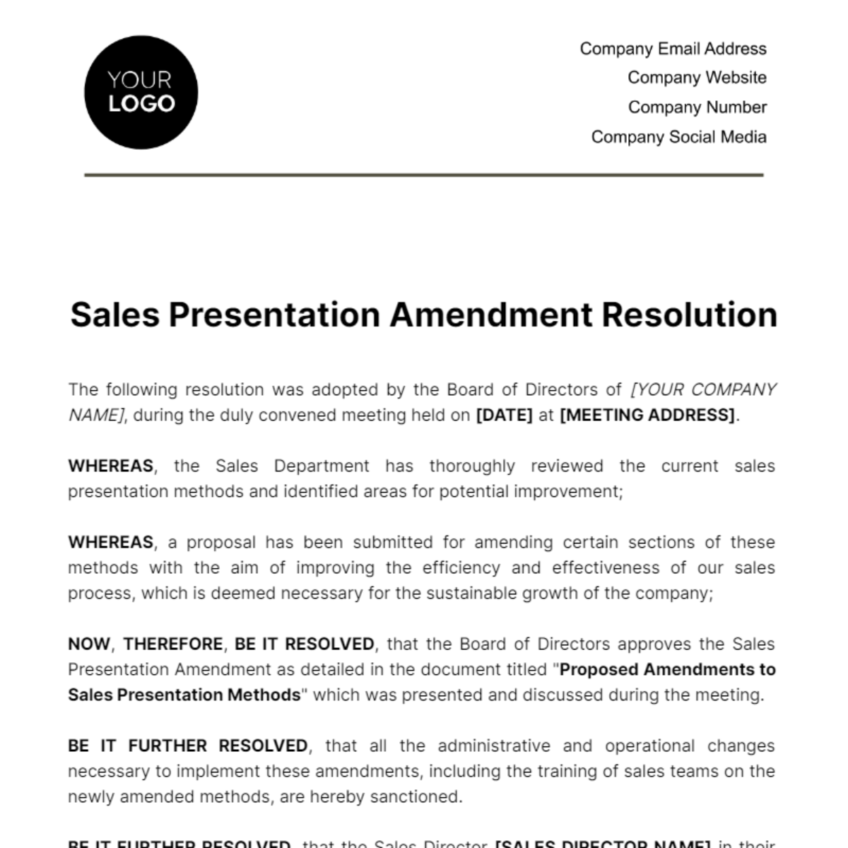 Sales Presentation Amendment Resolution Template