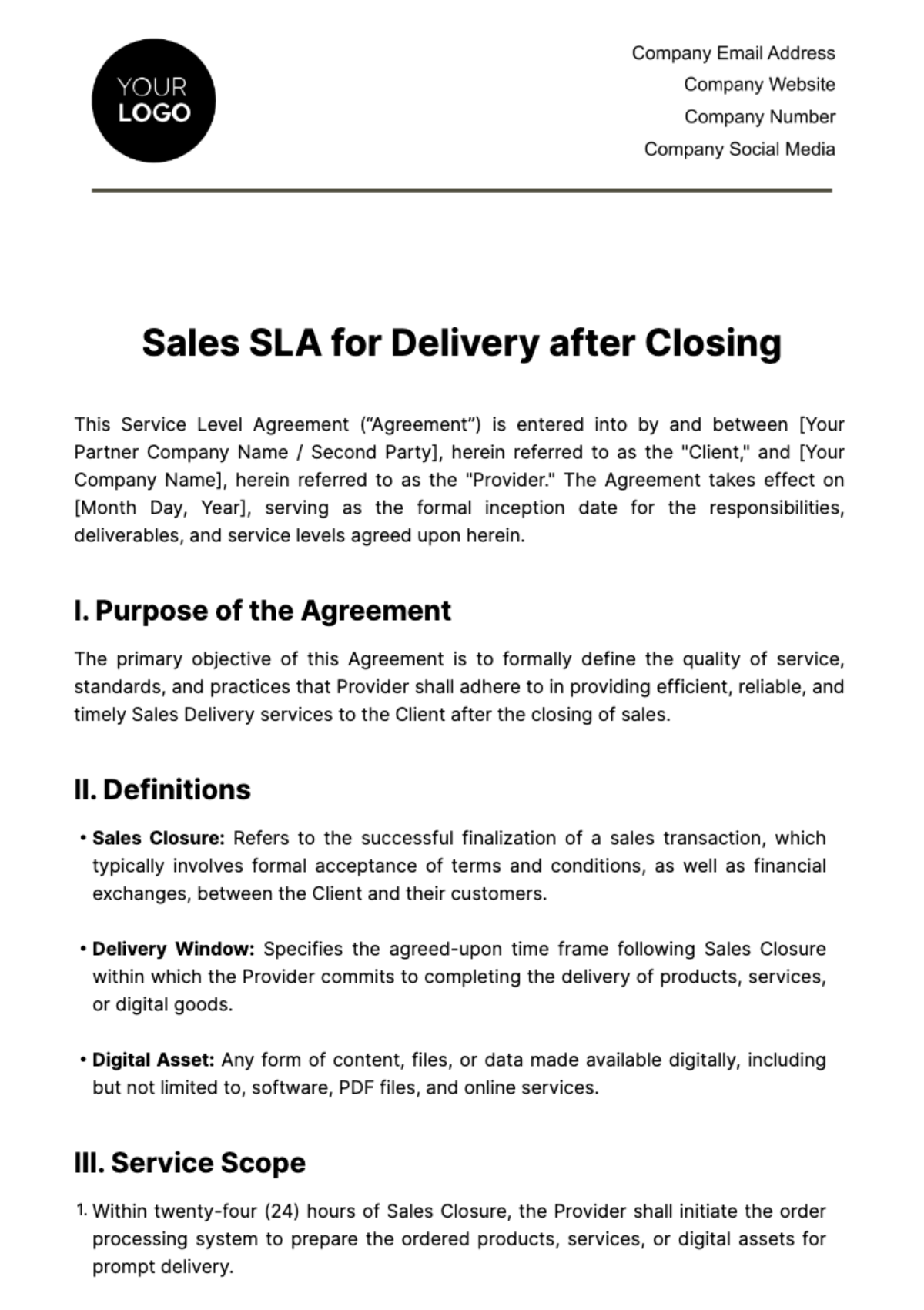 Free Sales SLA for Delivery after Closing Template