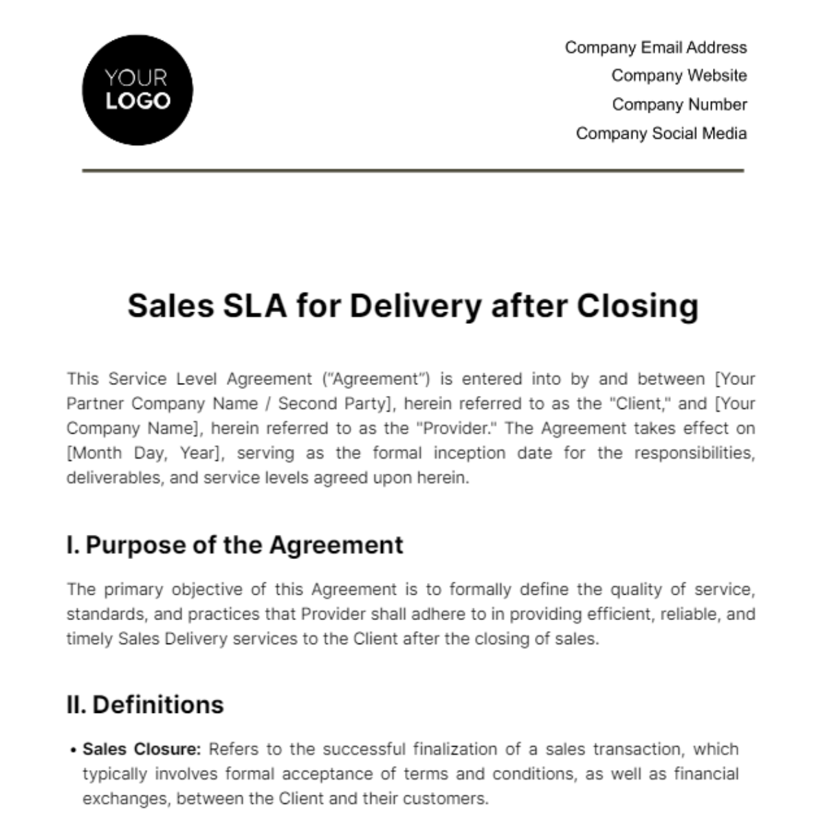 Sales SLA for Delivery after Closing Template Edit Online & Download Example