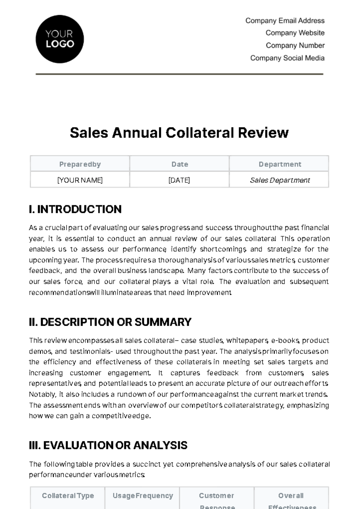 Free Sales Annual Collateral Review Template