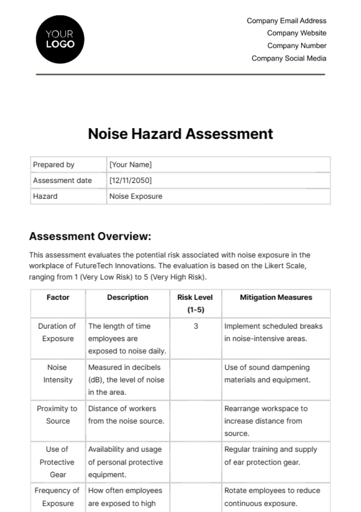 Noise Hazard Assessment Template - Edit Online & Download